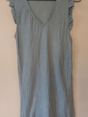 Asymmetrical Light Bluish Green V-Neck Ruffle Sleeve Dress M